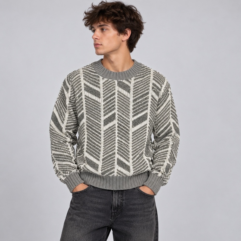 Alfani Sweater Men Small Grey White Geometric Chevron Knit Crewneck Pullover Y2K